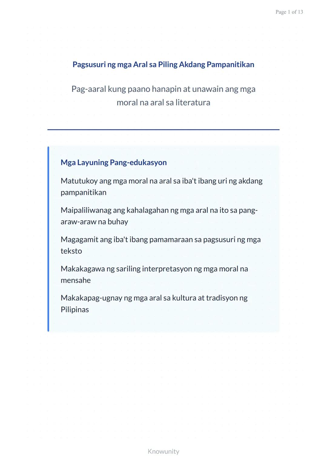 # Pagsusuri ng mga Aral sa Piling Akdang Pampanitikan

Pag-aaral kung paano hanapin at unawain ang mga moral na aral sa literatura

## Mga L