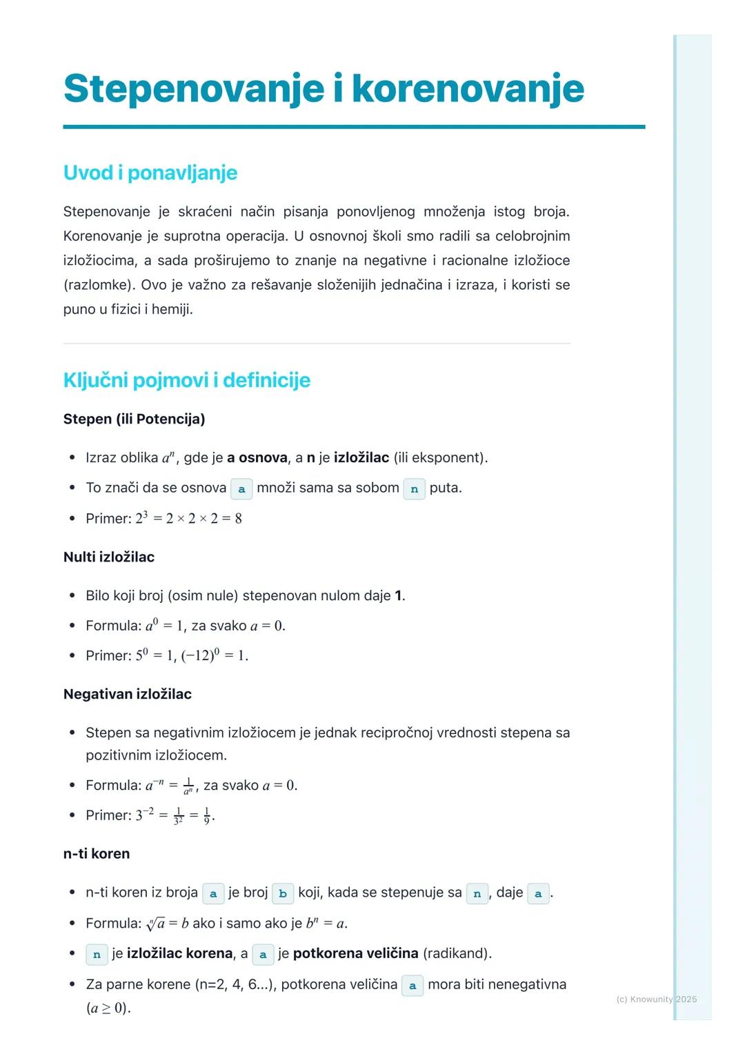# Stepenovanje i korenovanje

Uvod i ponavljanje

Stepenovanje je skraćeni način pisanja ponovljenog množenja istog broja.
Korenovanje je su