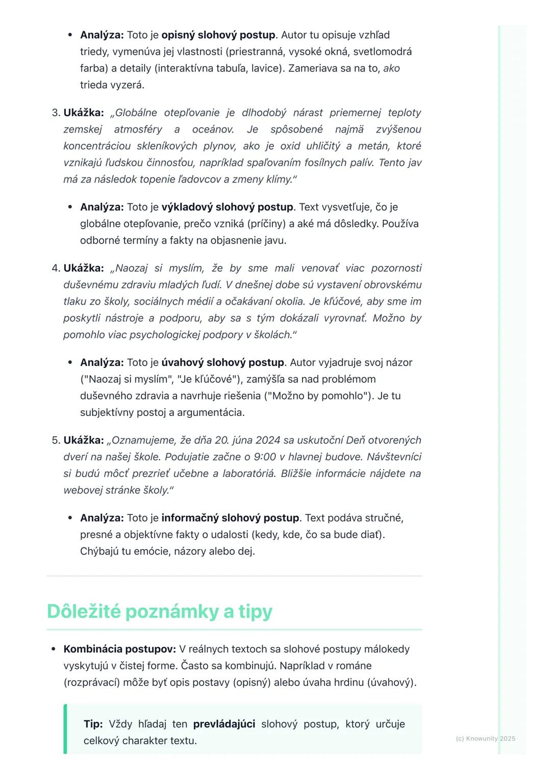 # Slohové postupy

Úvod / Prehľad

Dnes si preberieme slohové postupy, čo je podľa mňa dosť dôležitá téma, lebo
nám pomáha pochopiť, ako sú 