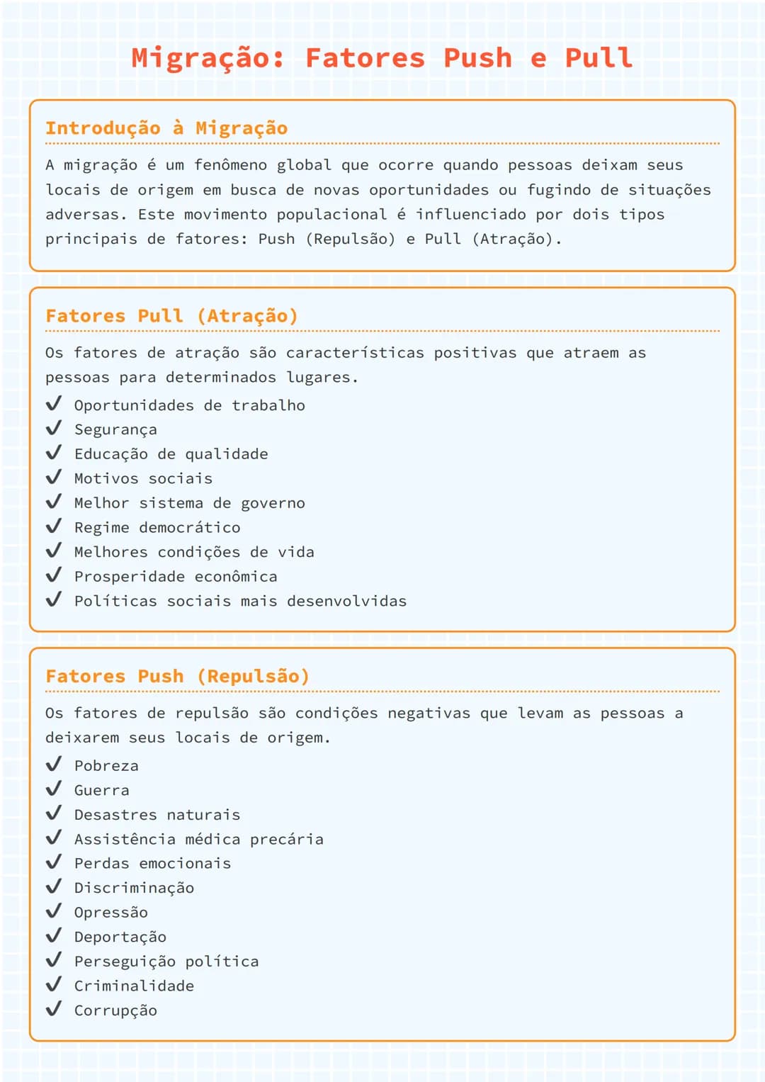 # Migração: Fatores Push e Pull

## Introdução à Migração
A migração é um fenômeno global que ocorre quando pessoas deixam seus
locais de or