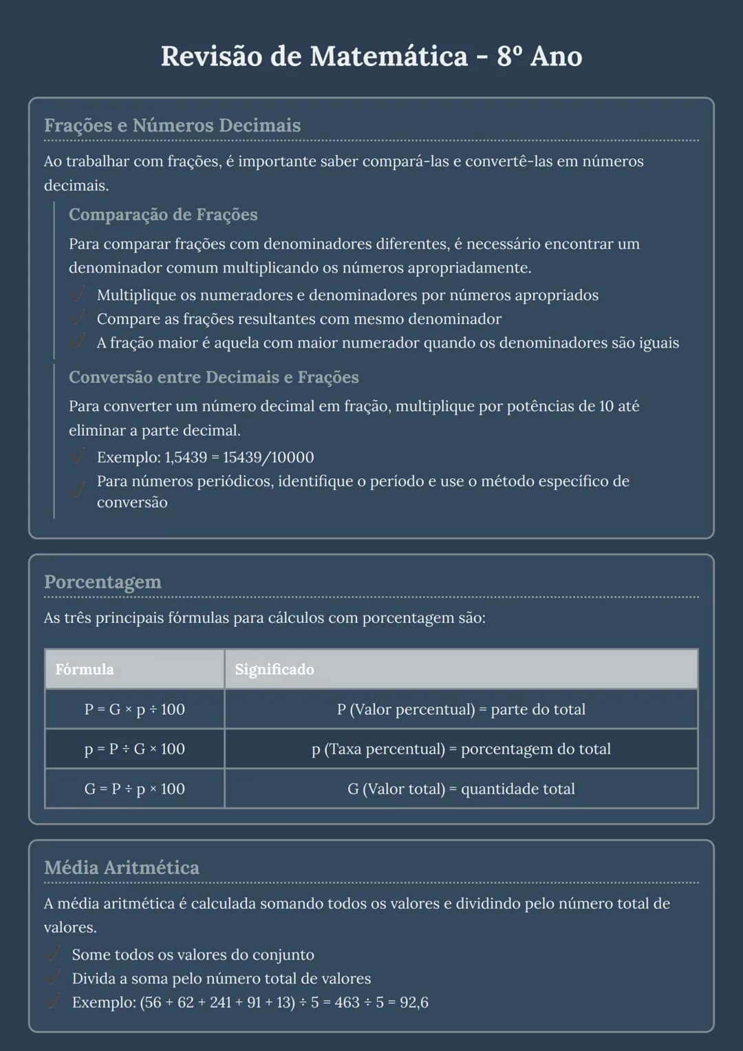 # Revisão de Matemática - 8º Ano

## Frações e Números Decimais
Ao trabalhar com frações, é importante saber compará-las e convertê-las em n