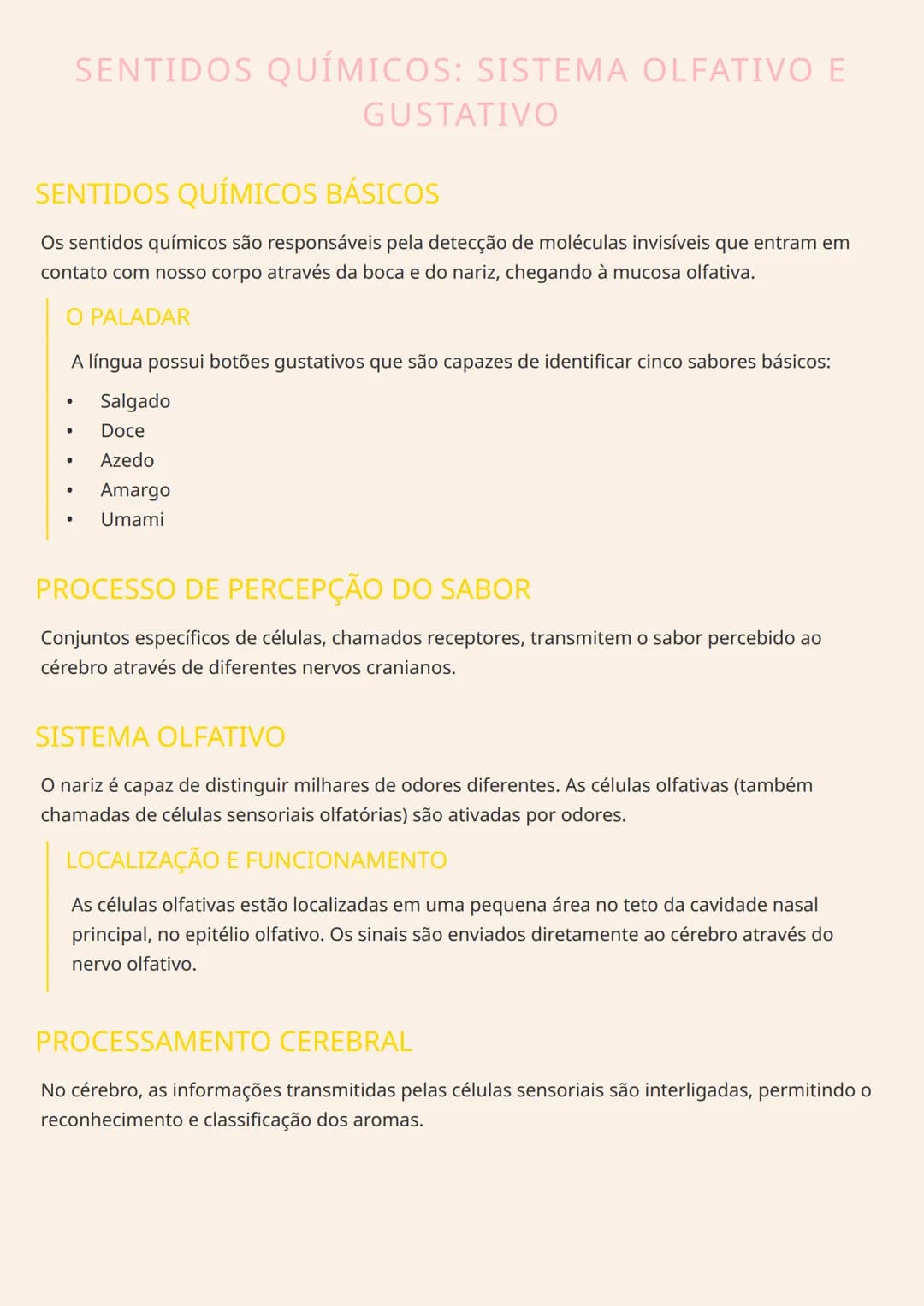 # SENTIDOS QUÍMICOS: SISTEMA OLFATIVO E
GUSTATIVO

# SENTIDOS QUÍMICOS BÁSICOS
Os sentidos químicos são responsáveis pela detecção de molécu