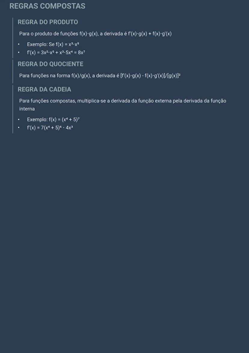 --- OCR Start ---
REGRAS COMPOSTAS
REGRA DO PRODUTO
Para o produto de funções $f(x)\cdot g(x)$, a derivada é $f'(x)\cdot g(x)+f(x)\cdot g'(x