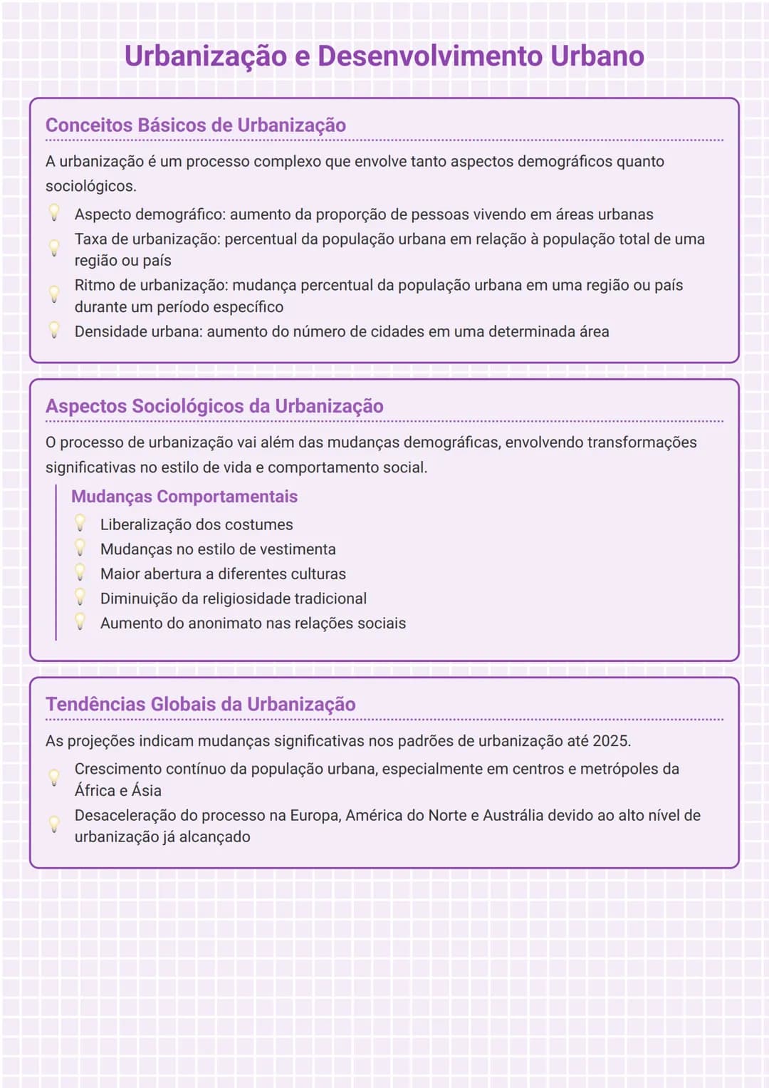 # Urbanização e Desenvolvimento Urbano

## Conceitos Básicos de Urbanização
A urbanização é um processo complexo que envolve tanto aspectos 