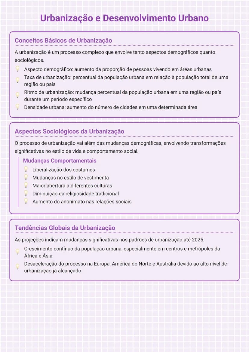 # Urbanização e Desenvolvimento Urbano

## Conceitos Básicos de Urbanização
A urbanização é um processo complexo que envolve tanto aspectos 