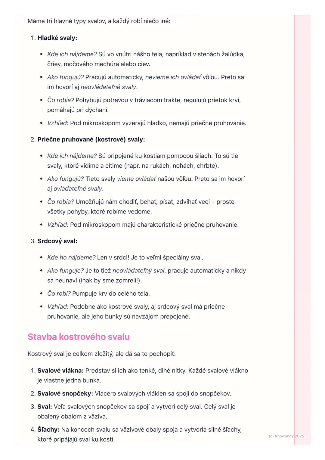 # Svaly a ich činnosť

1. Prehľad / Úvod

Svaly sú super dôležitá časť nášho tela. Spolu s kosťami tvoria opornú a
pohybovú sústavu, ktorá n