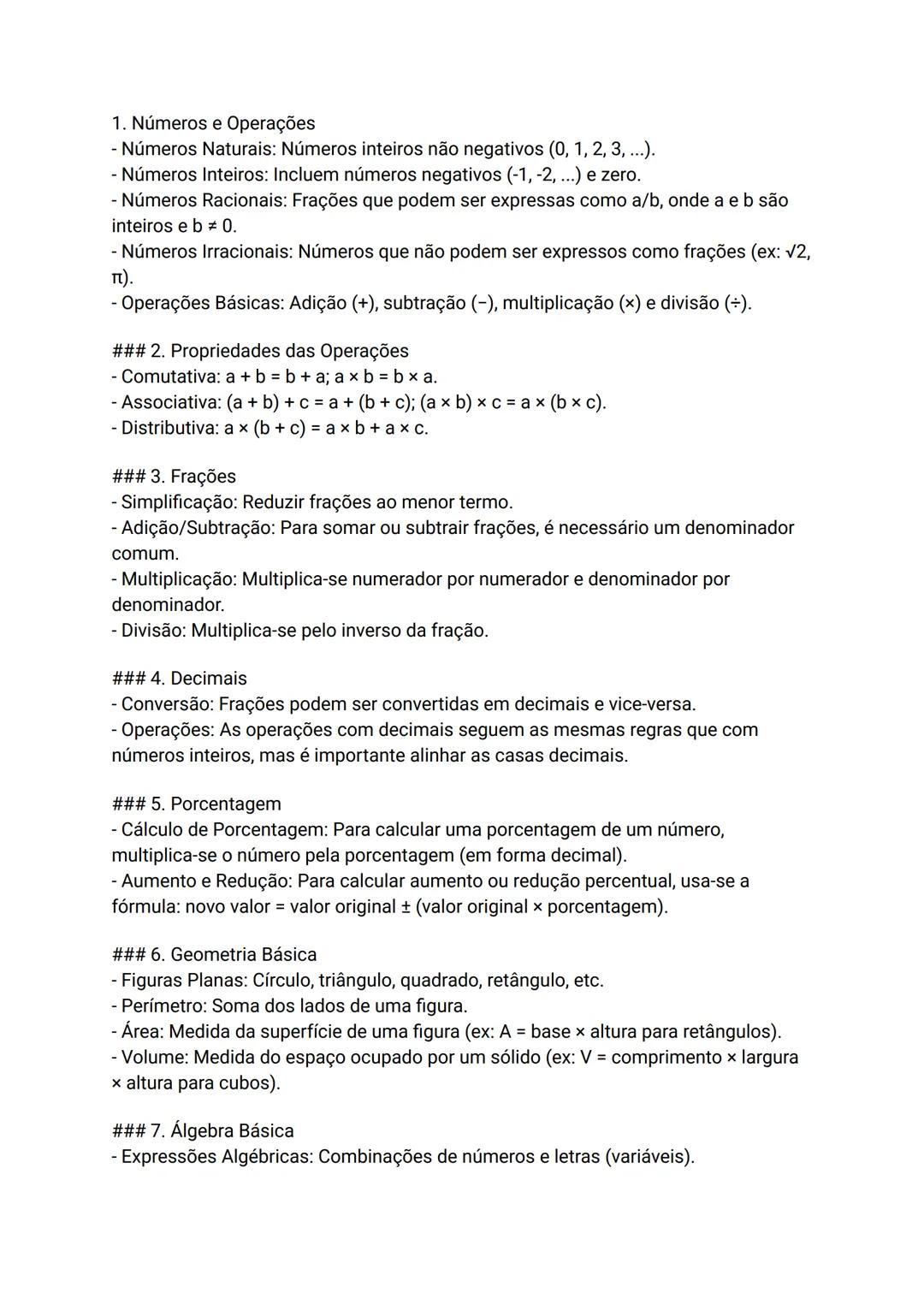 1. Números e Operações
- Números Naturais: Números inteiros não negativos (0, 1, 2, 3, ...).
- Números Inteiros: Incluem números negativos (