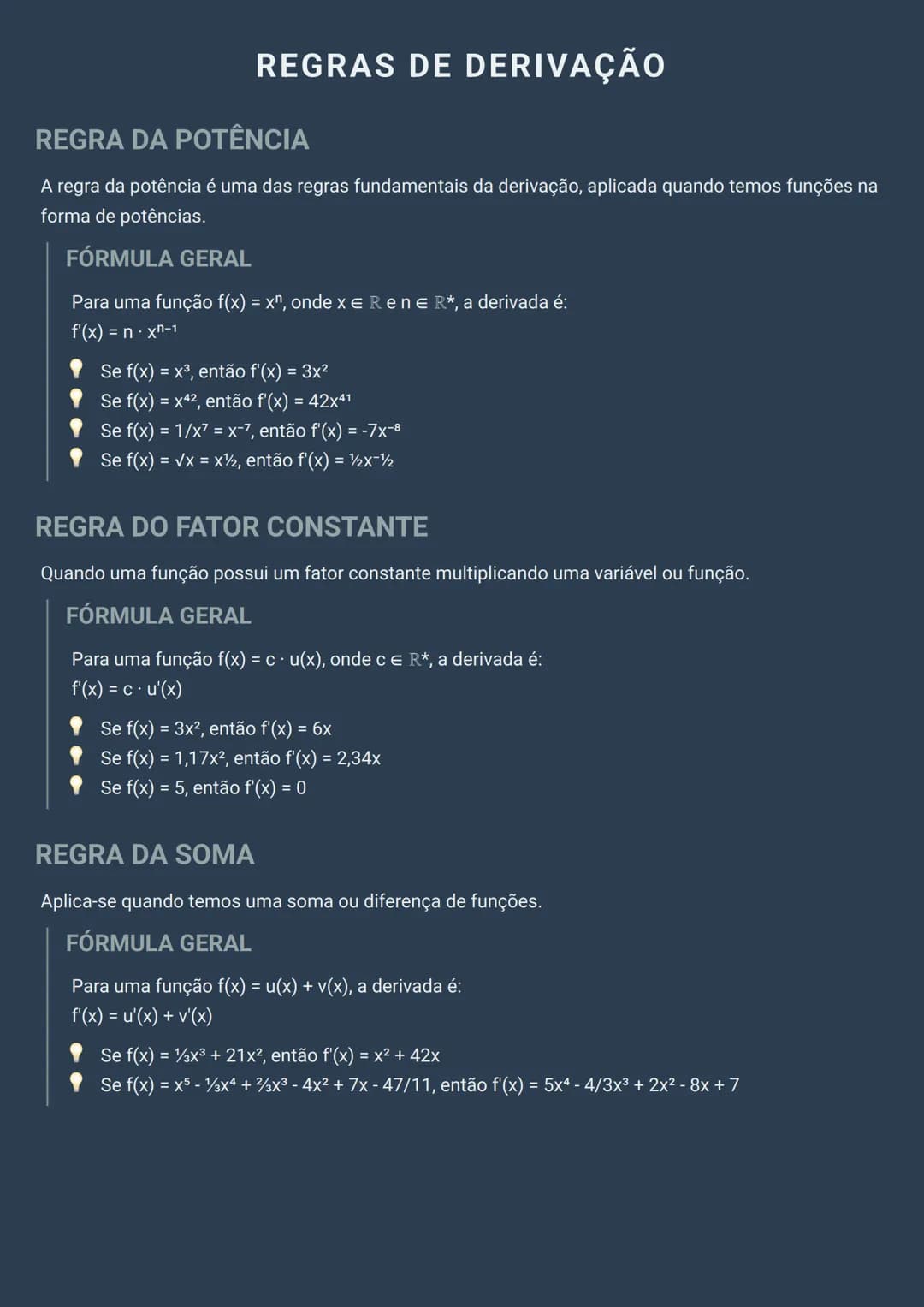 # REGRAS DE DERIVAÇÃO

# REGRA DA POTÊNCIA
A regra da potência é uma das regras fundamentais da derivação, aplicada quando temos funções na
