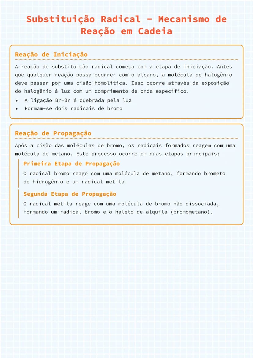 # Substituição Radical - Mecanismo de
Reação em Cadeia

## Reação de Iniciação
A reação de substituição radical começa com a etapa de inicia