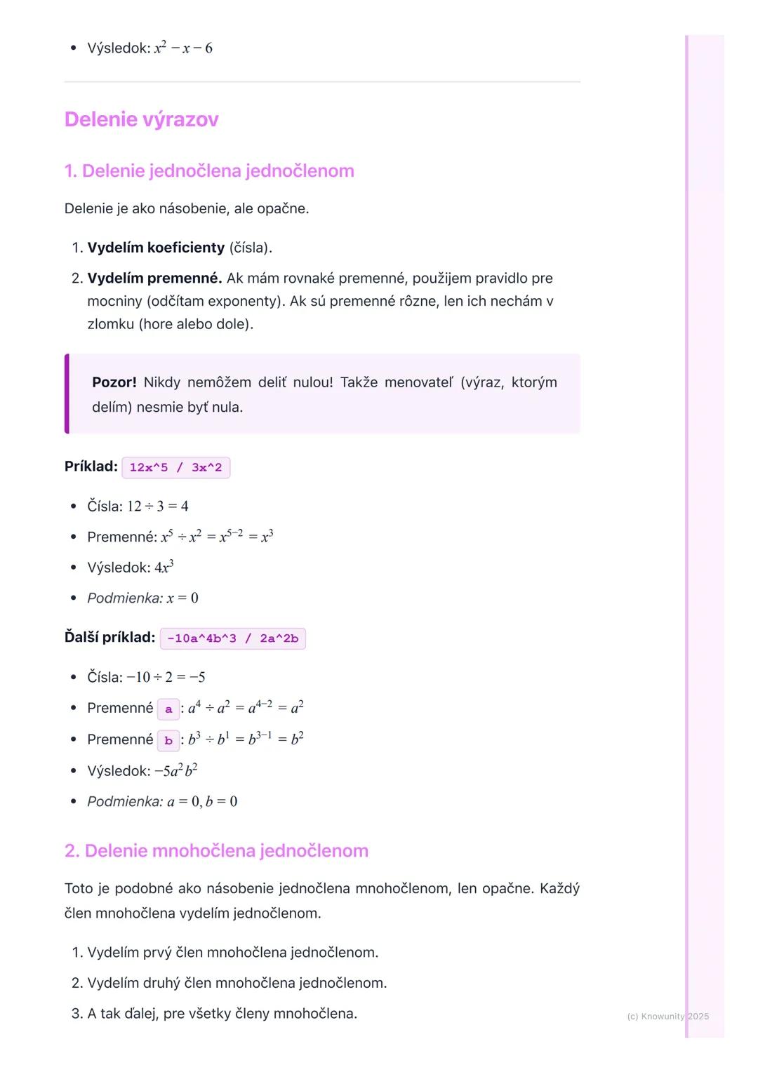 # Násobenie a delenie výrazov

Prehľad

Dnes si zopakujeme násobenie a delenie algebraických výrazov. Je to dôležité,
lebo nám to pomáha zje