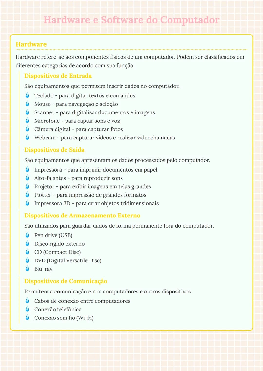 --- OCR Start ---
Hardware e Software do Computador
Hardware
Hardware refere-se aos componentes físicos de um computador. Podem ser classifi