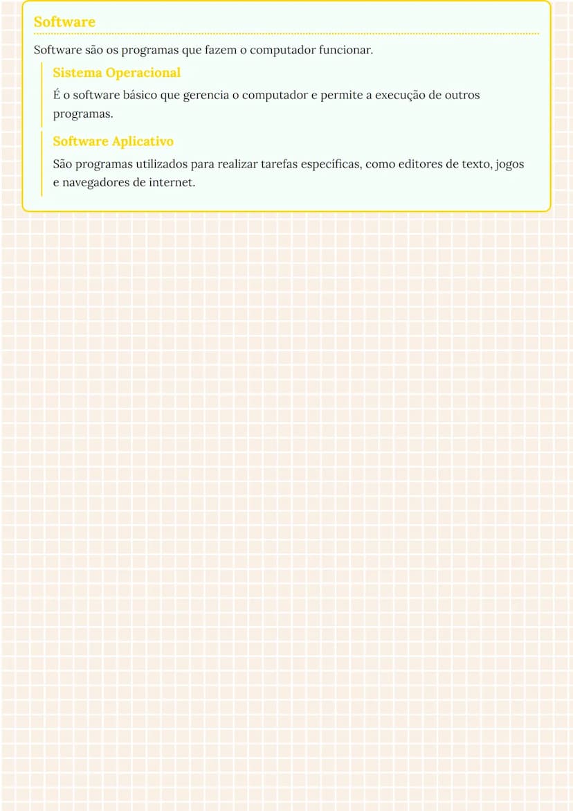 --- OCR Start ---
Hardware e Software do Computador
Hardware
Hardware refere-se aos componentes físicos de um computador. Podem ser classifi