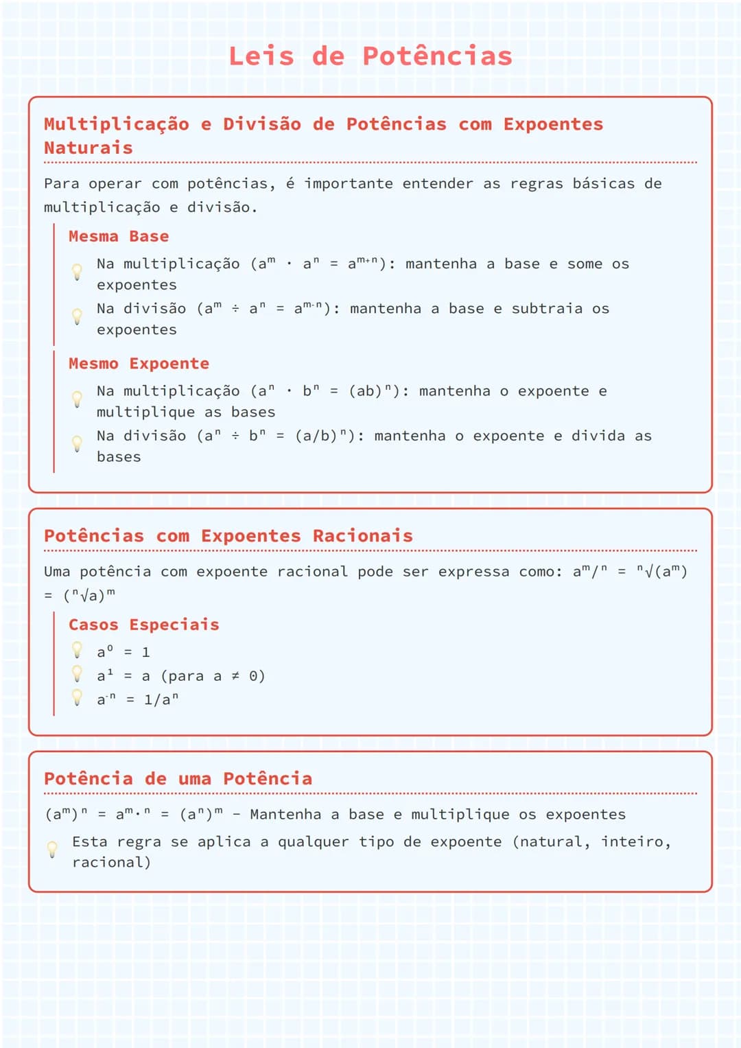 # Leis de Potências

# Multiplicação e Divisão de Potências com Expoentes
Naturais

Para operar com potências, é importante entender as regr