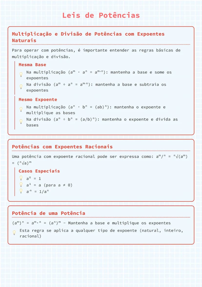 # Leis de Potências

# Multiplicação e Divisão de Potências com Expoentes
Naturais

Para operar com potências, é importante entender as regr