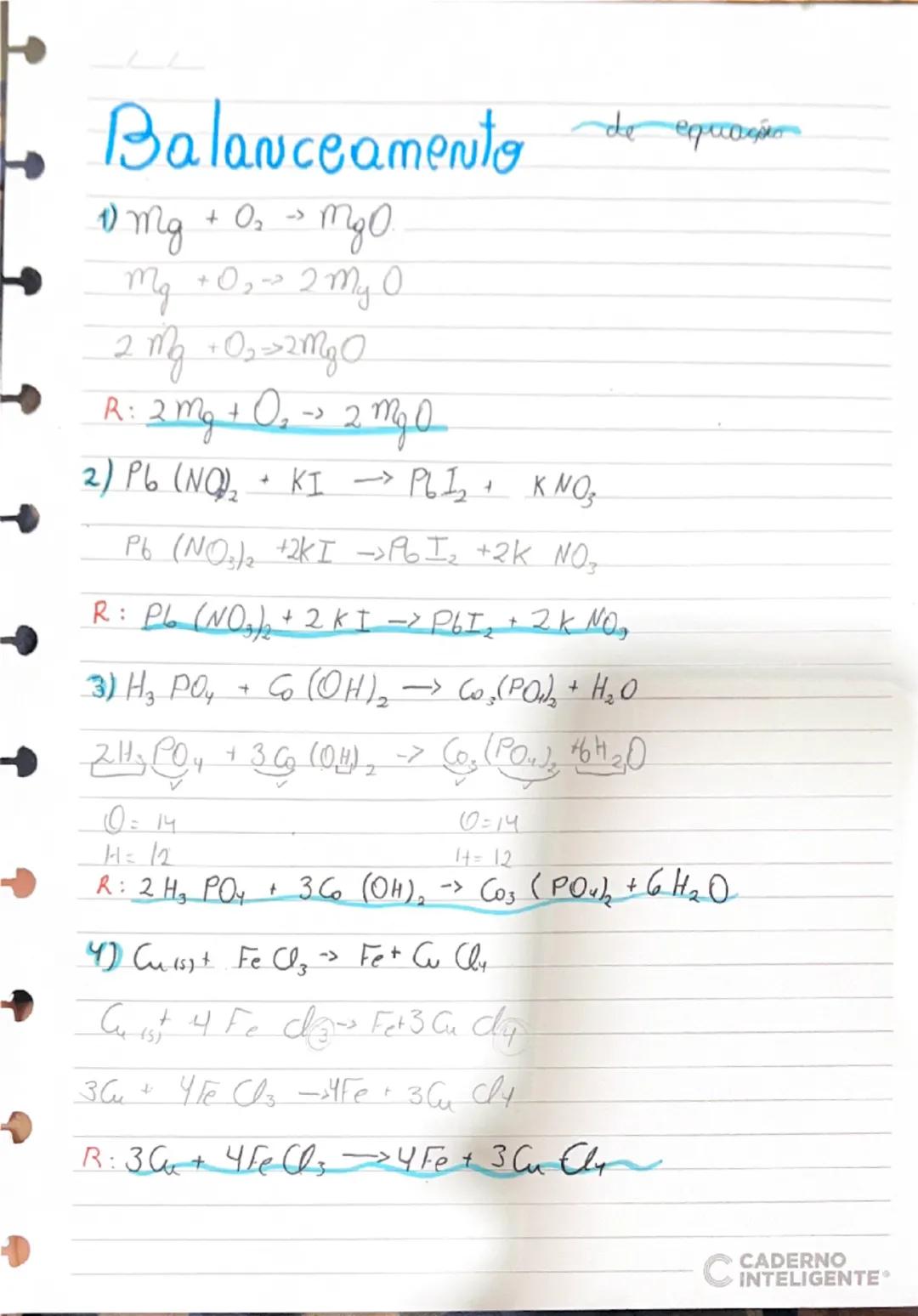 Balanceamento
1)
Mg + O₂ → MgO
Mg +O₂ → 2MgO
2 Mg +O₂=2MgO
R: 2Mg + O₂ -> 2MgO
de equação
2) Pb (NO)₂ + KI → PbI₂ + KNO₃
Pb (NO₃)₂ +2KI →PbI