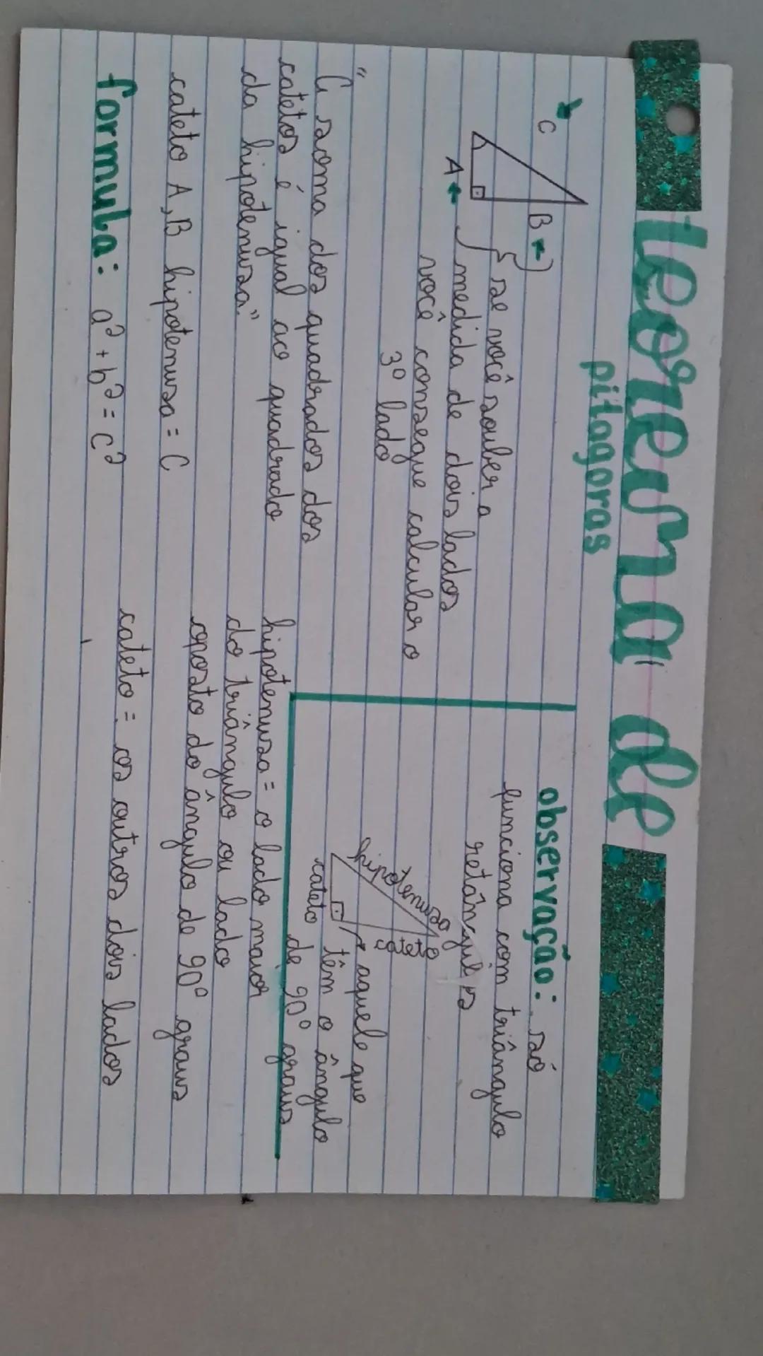 Leorema de
pitagoras

C
B
A
I se você souber a
medida de dois lados
você conseque calcular o
3º lado

soma doz quadrados dos
catetos é igual