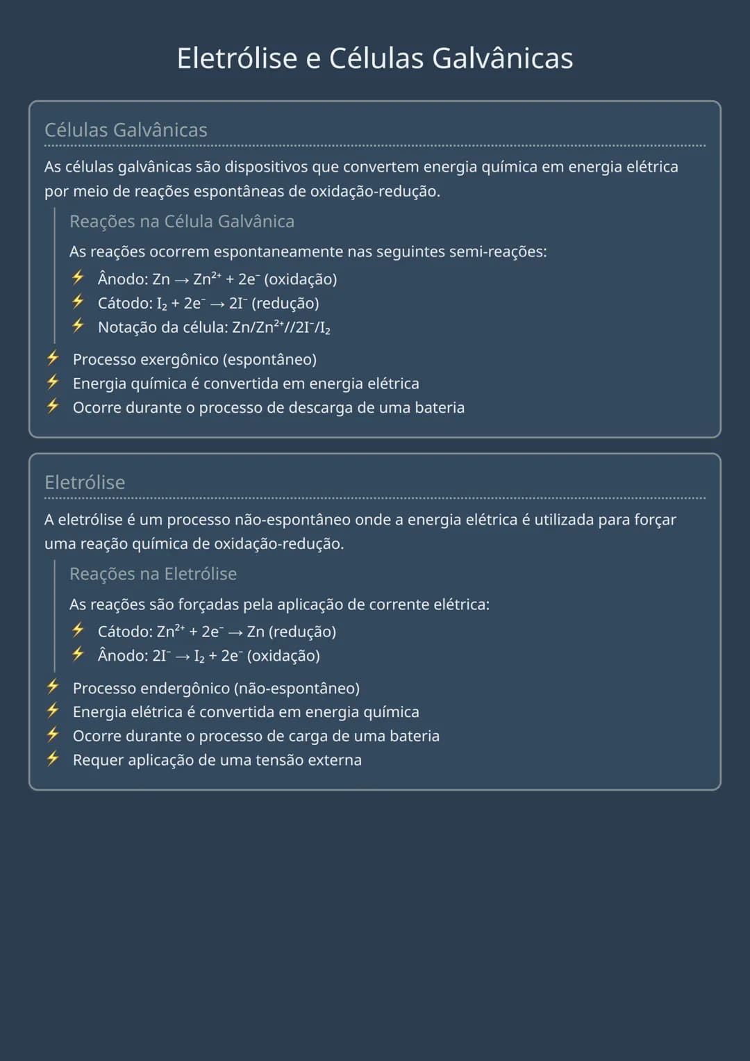 # Eletrólise e Células Galvânicas

## Células Galvânicas
As células galvânicas são dispositivos que convertem energia química em energia elé