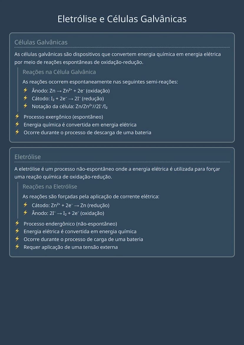 # Eletrólise e Células Galvânicas

## Células Galvânicas
As células galvânicas são dispositivos que convertem energia química em energia elé
