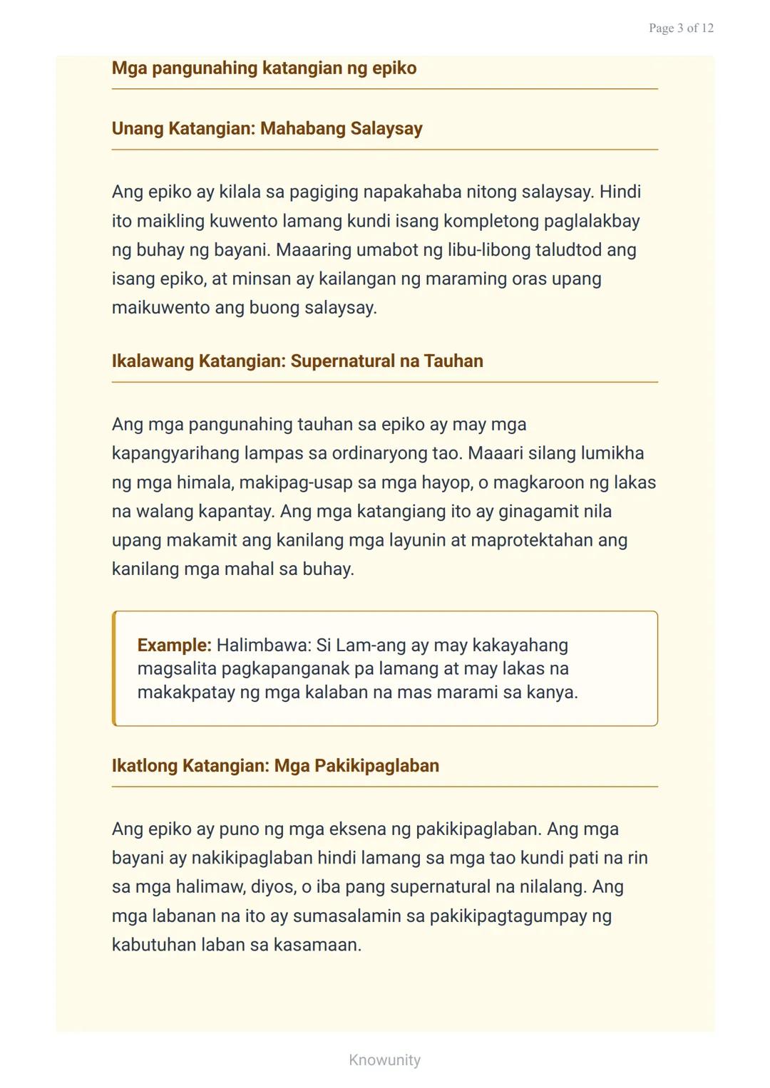 # Epiko: Mga Katangian at Halimbawa sa Panitikang Pilipino

Pag-aaral sa mga katangian ng epiko at mga halimbawang akda

## Mga Layuning Pan