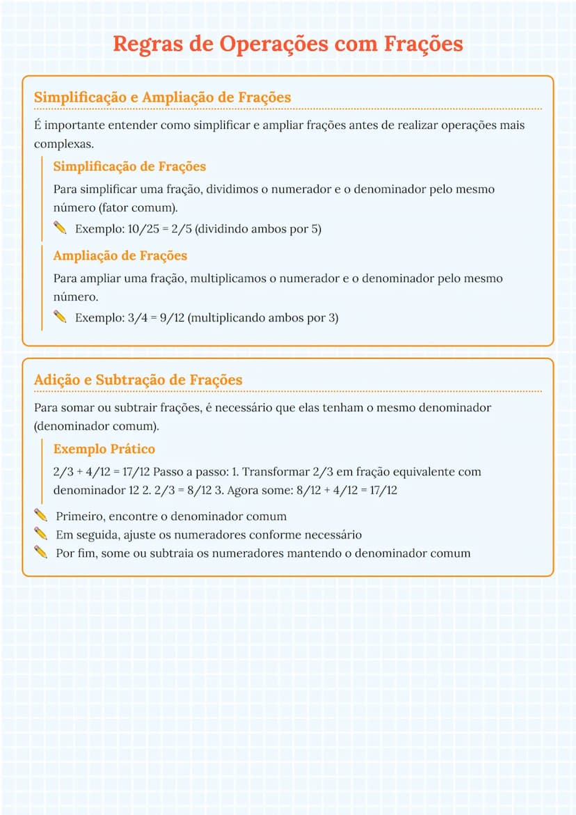 # Regras de Operações com Frações

## Simplificação e Ampliação de Frações
É importante entender como simplificar e ampliar frações antes de