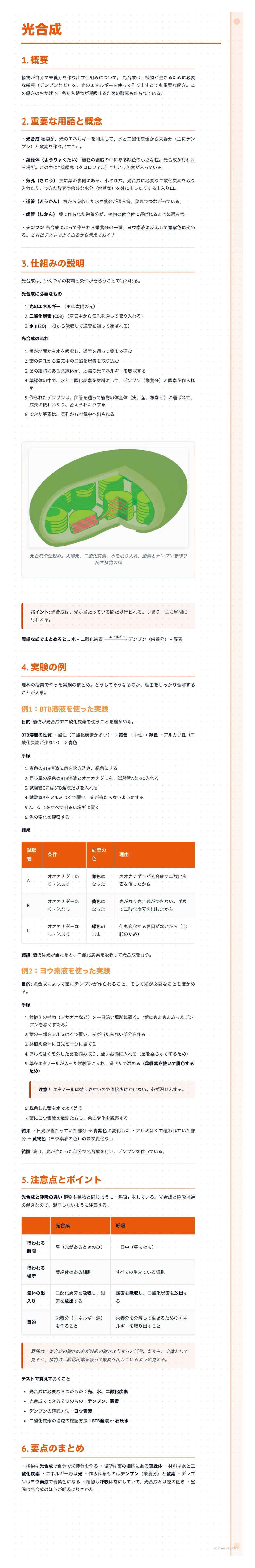 光合成

2. 重要な用語と概念

5.仕組みの説明

4. 実験の例

5.注意点とポイント

6. 要点のまとめ