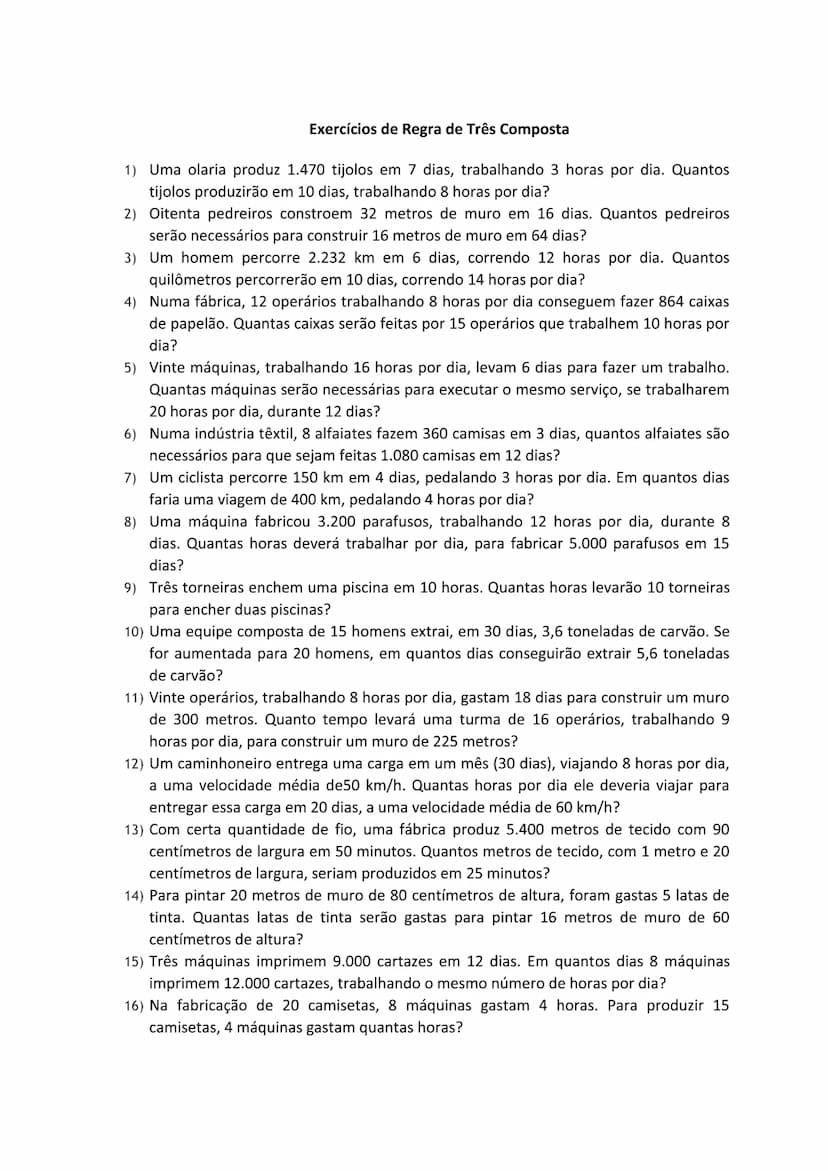 # Exercícios de Regra de Três Simples
1) Uma roda dá 80 voltas em 20 minutos. Em 28 minutos, quantas voltas essa roda
dará?
2) Com 8 eletric