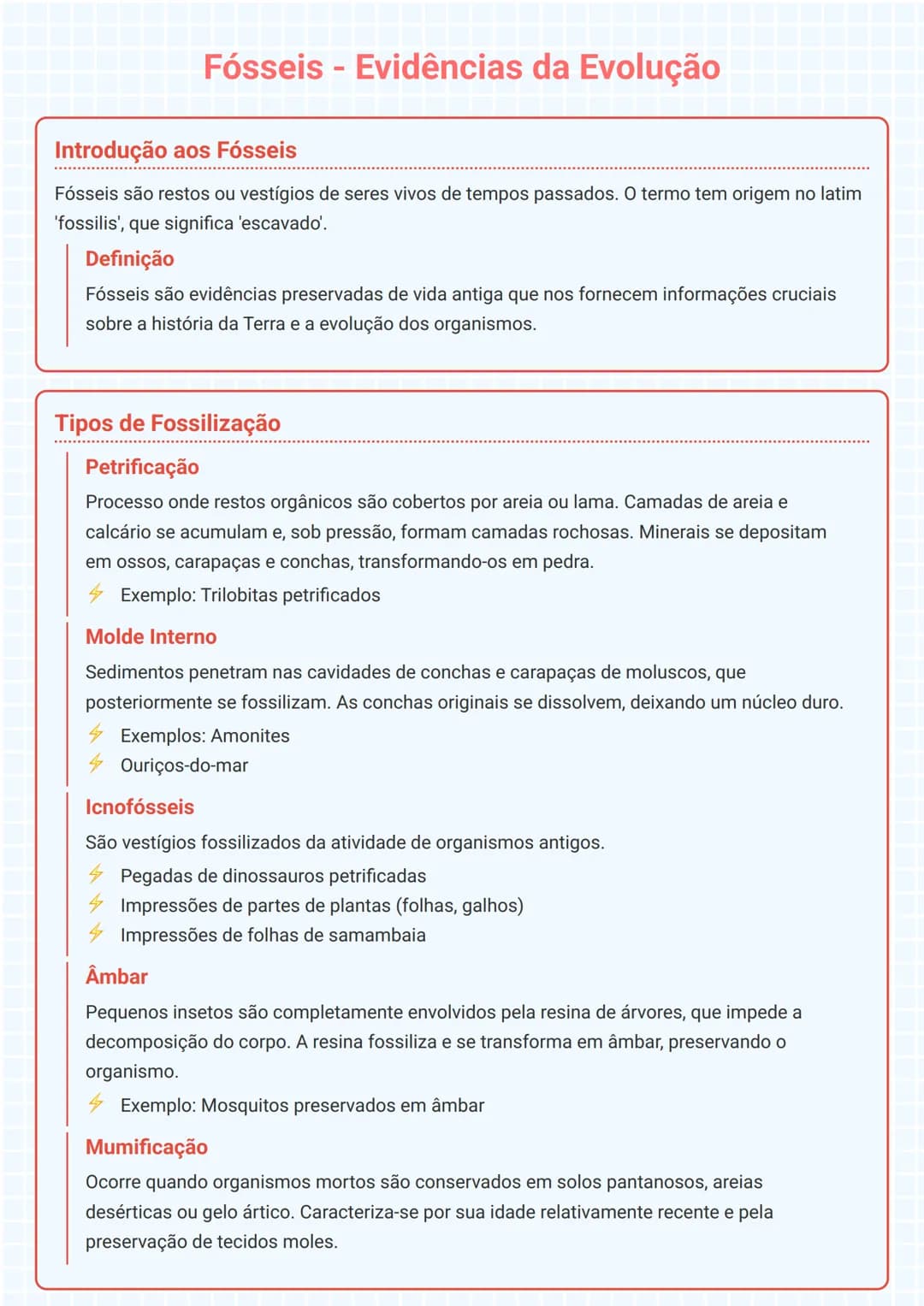 # Fósseis - Evidências da Evolução

## Introdução aos Fósseis
Fósseis são restos ou vestígios de seres vivos de tempos passados. O termo tem