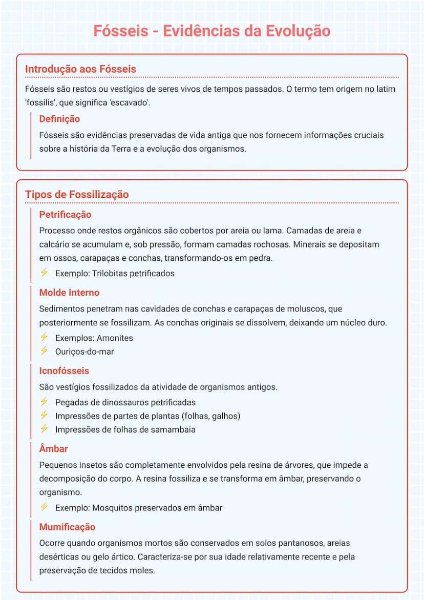 # Fósseis - Evidências da Evolução

## Introdução aos Fósseis
Fósseis são restos ou vestígios de seres vivos de tempos passados. O termo tem