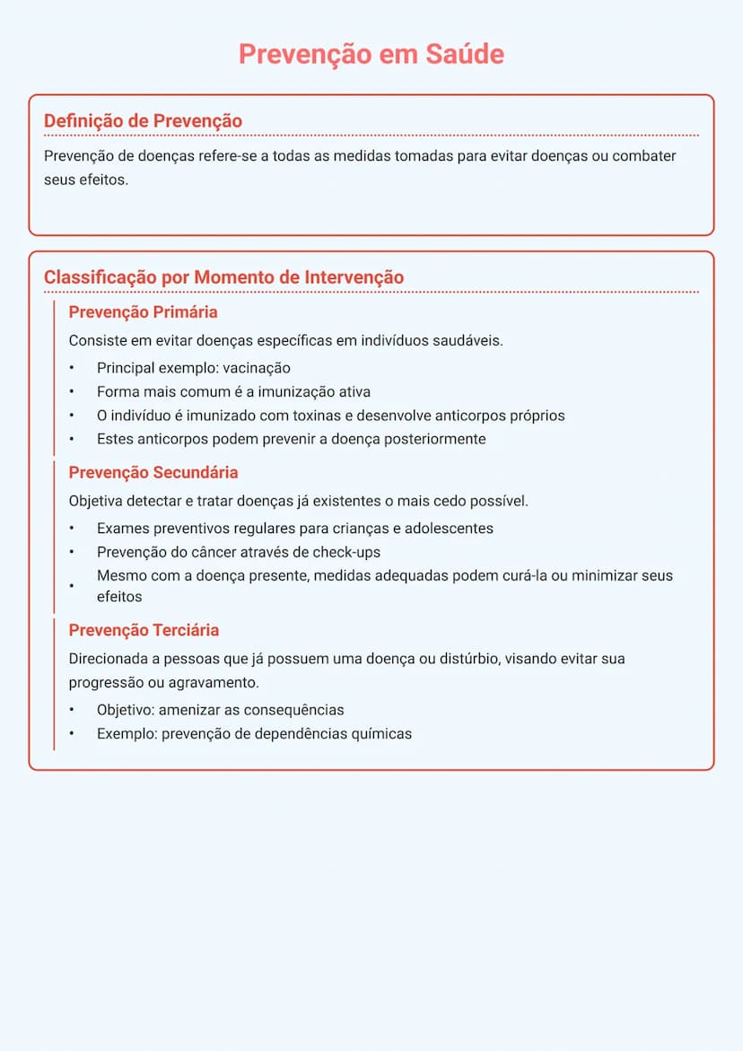 # Prevenção em Saúde

## Definição de Prevenção
Prevenção de doenças refere-se a todas as medidas tomadas para evitar doenças ou combater
se