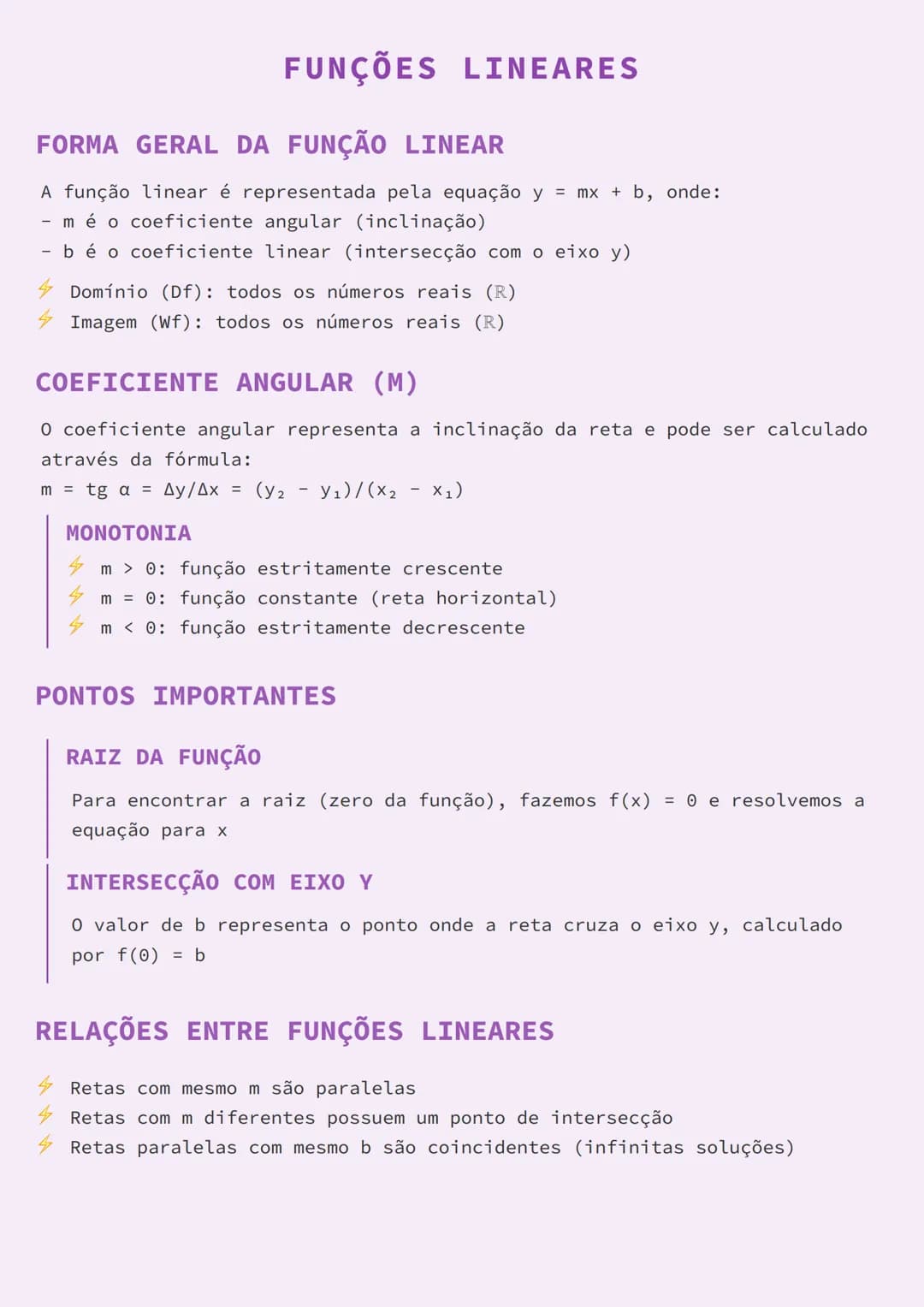 --- OCR Start ---
FUNÇÕES LINEARES
FORMA GERAL DA FUNÇÃO LINEAR
A função linear é representada pela equação $y = mx + b$, onde:
- $m$ é o co