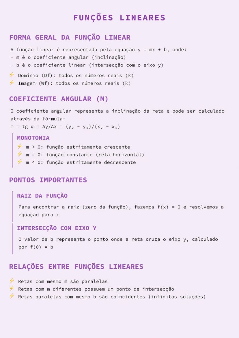 --- OCR Start ---
FUNÇÕES LINEARES
FORMA GERAL DA FUNÇÃO LINEAR
A função linear é representada pela equação $y = mx + b$, onde:
- $m$ é o co