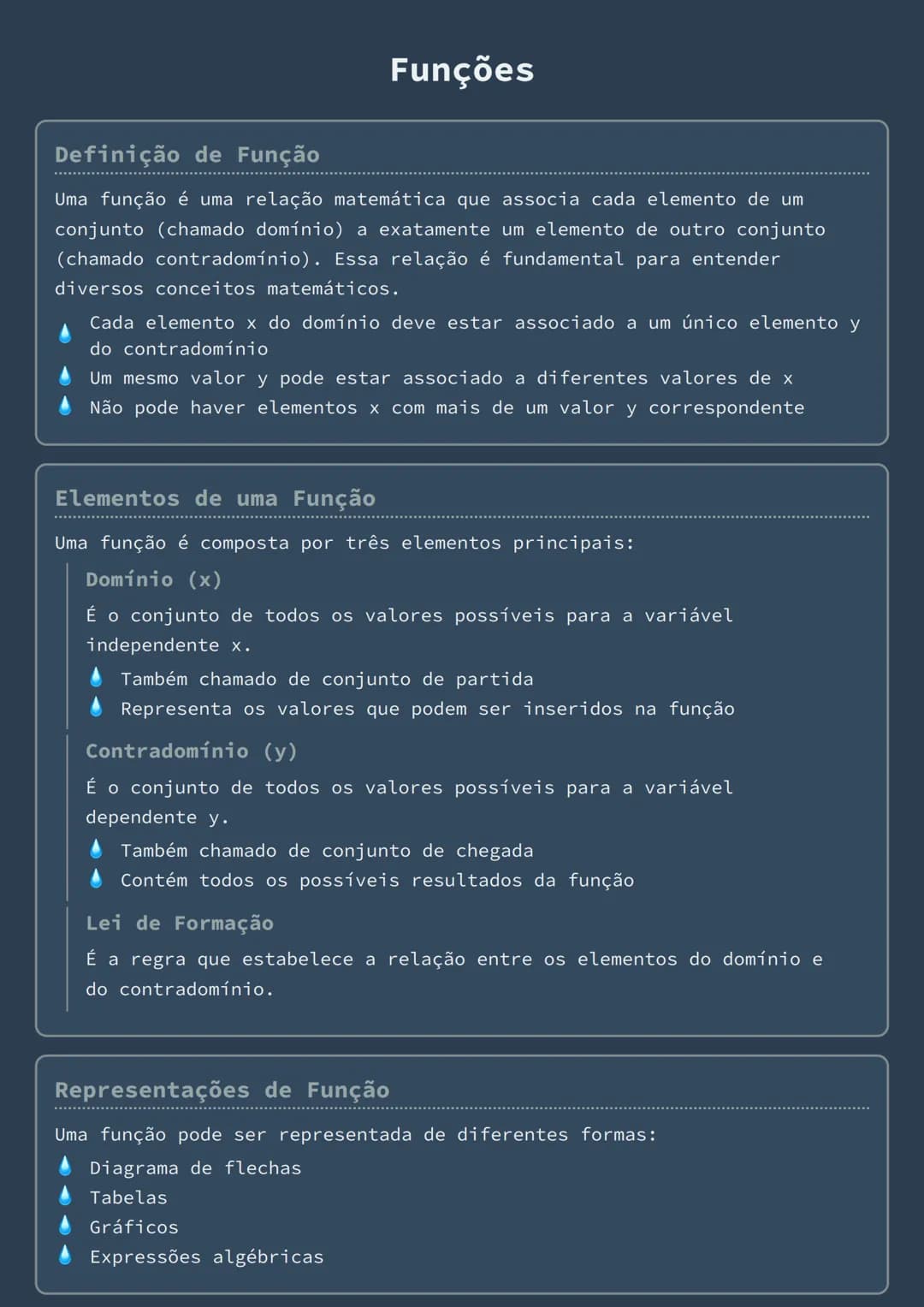 --- OCR Start ---
Funções
Definição de Função
Uma função é uma relação matemática que associa cada elemento de um
conjunto (chamado domínio)