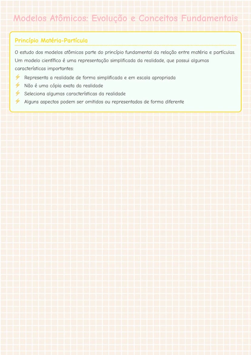 --- OCR Start ---
Modelos Atômicos: Evolução e Conceitos Fundamentais
Princípio Matéria-Partícula
O estudo dos modelos atômicos parte do pri