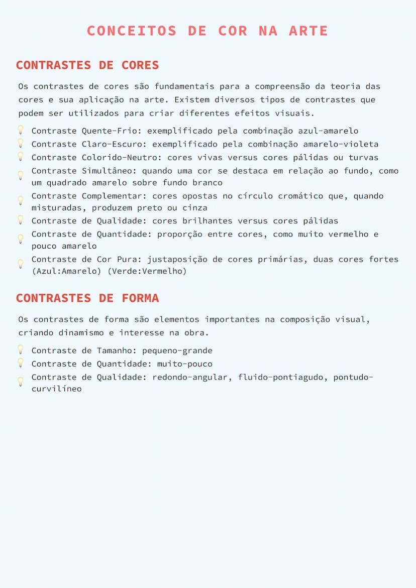 --- OCR Start ---
CONCEITOS DE COR NA ARTE
CONTRASTES DE CORES
Os contrastes de cores são fundamentais para a compreensão da teoria das
core