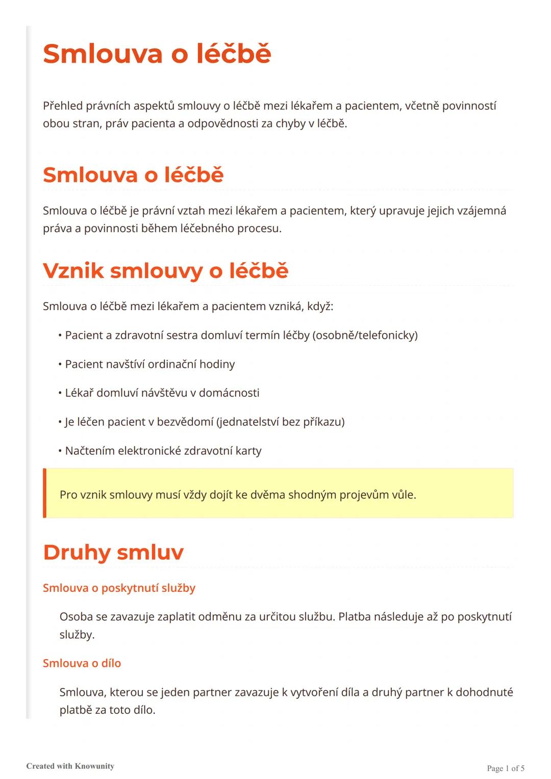 # Smlouva o léčbě

Přehled právních aspektů smlouvy o léčbě mezi lékařem a pacientem, včetně povinností
obou stran, práv pacienta a odpovědn