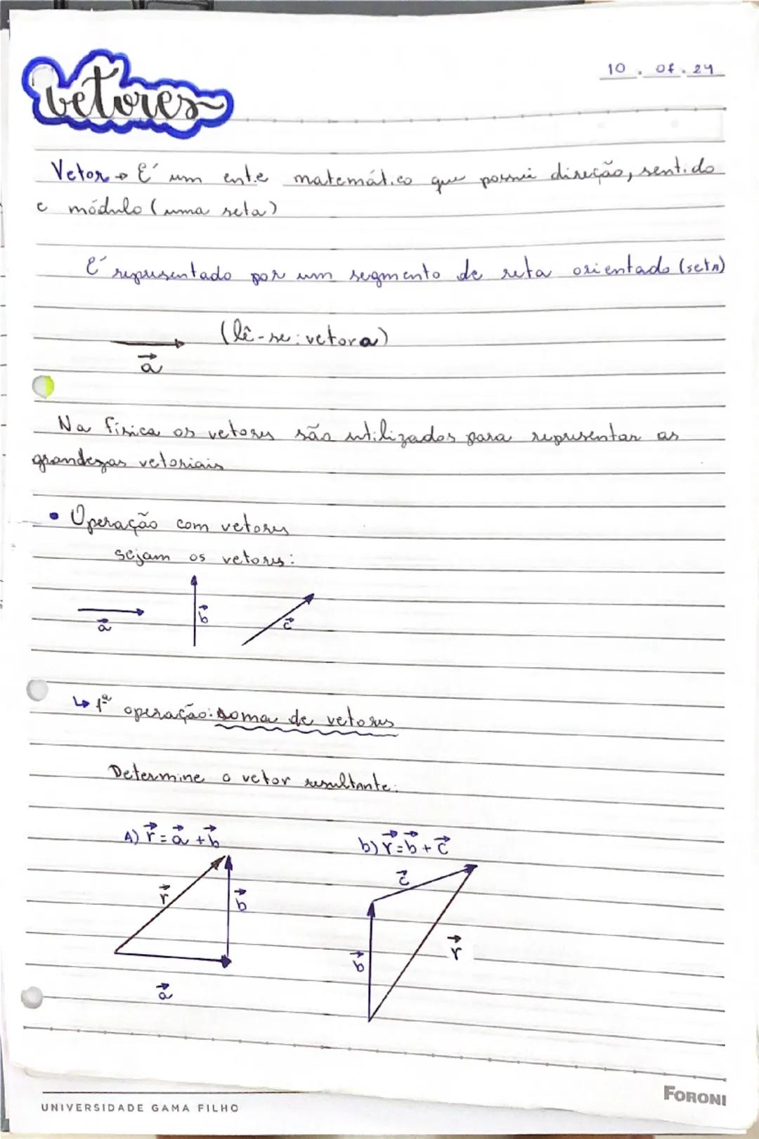 # Vetores

Vetor E' um ente matemático que possui direção, sentido
e módulo (uma seta)

É representado por um segmento de reta orientado (se