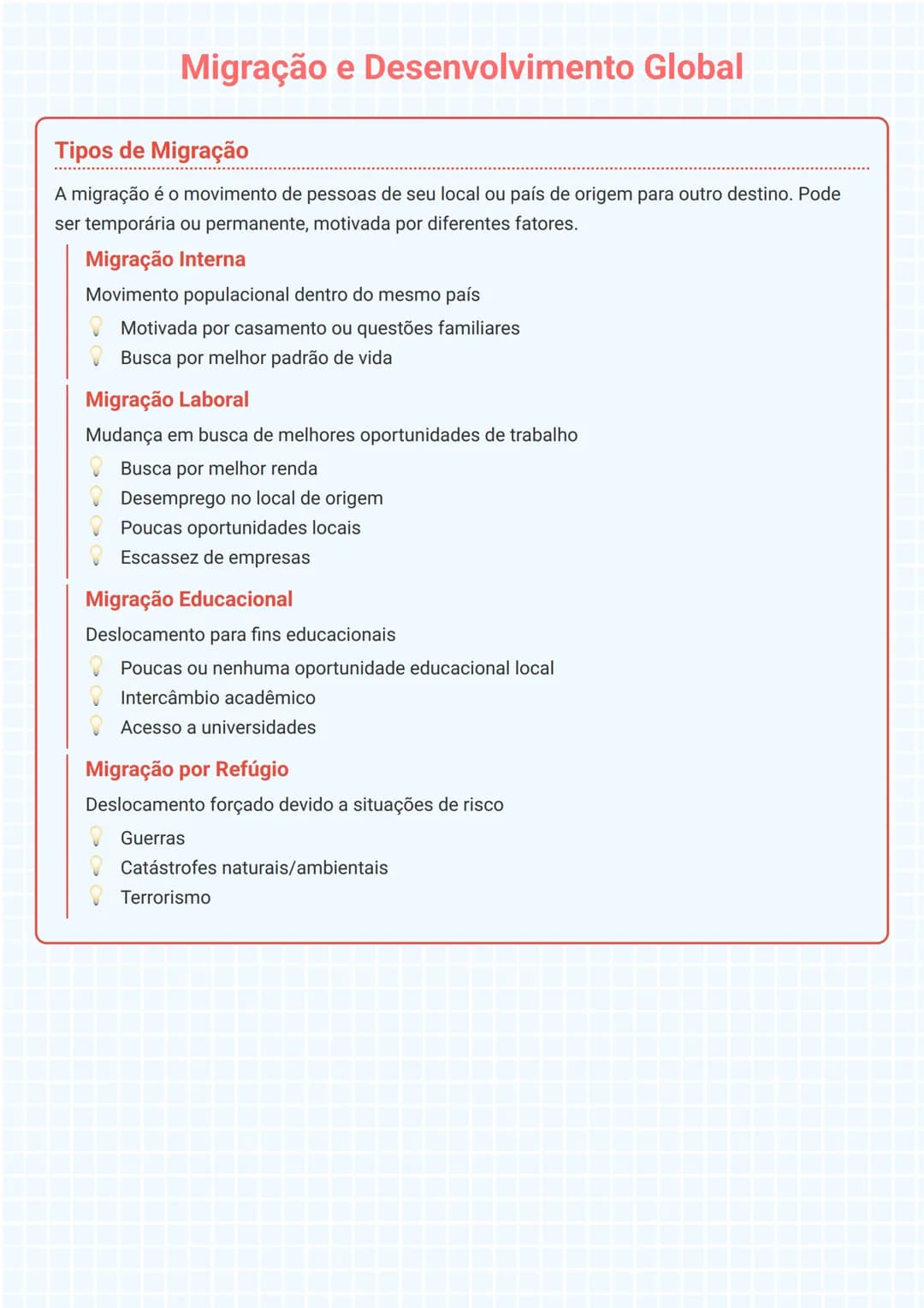 # Migração e Desenvolvimento Global

# Tipos de Migração
A migração é o movimento de pessoas de seu local ou país de origem para outro desti
