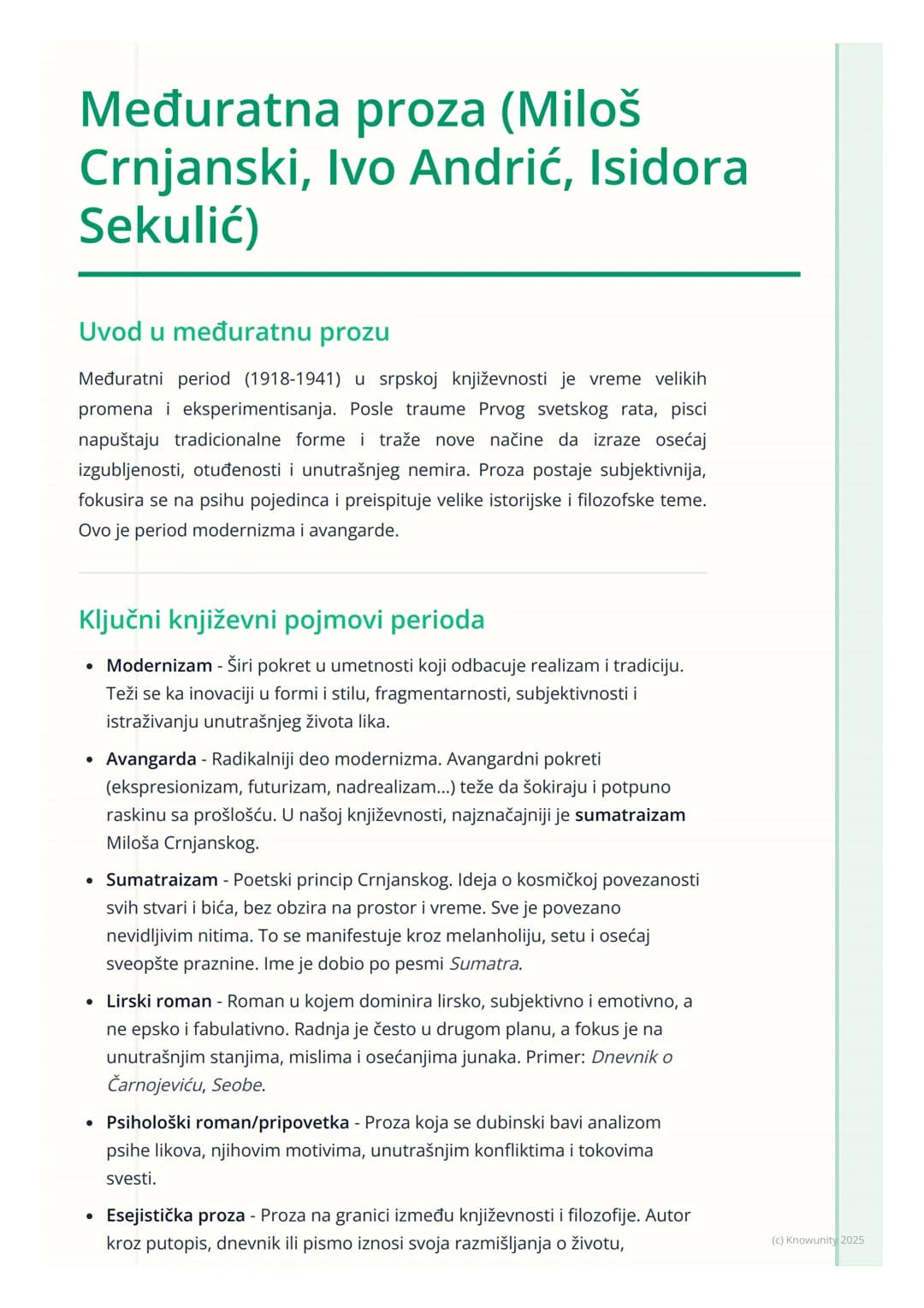 # Međuratna proza (Miloš
Crnjanski, Ivo Andrić, Isidora
Sekulić)

Uvod u međuratnu prozu

Međuratni period (1918-1941) u srpskoj književnost
