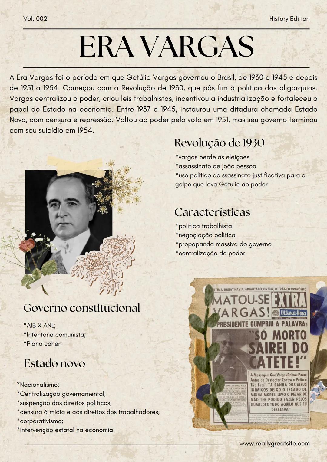 # ERA VARGAS

Vol. 002				History Edition
A Era Vargas foi o período em que Getúlio Vargas governou o Brasil, de 1930 a 1945 e depois de 195