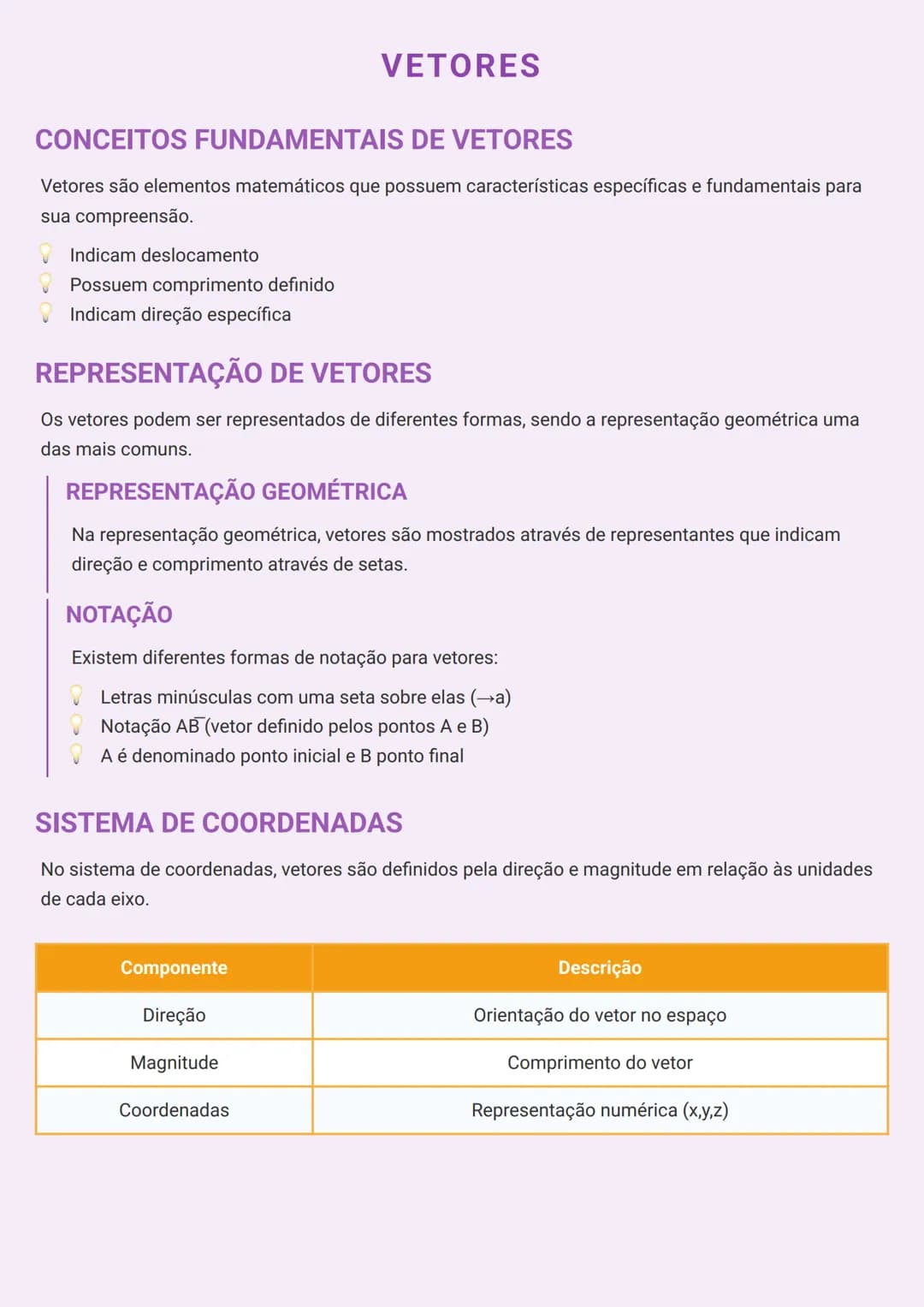 # VETORES

# CONCEITOS FUNDAMENTAIS DE VETORES
Vetores são elementos matemáticos que possuem características específicas e fundamentais para