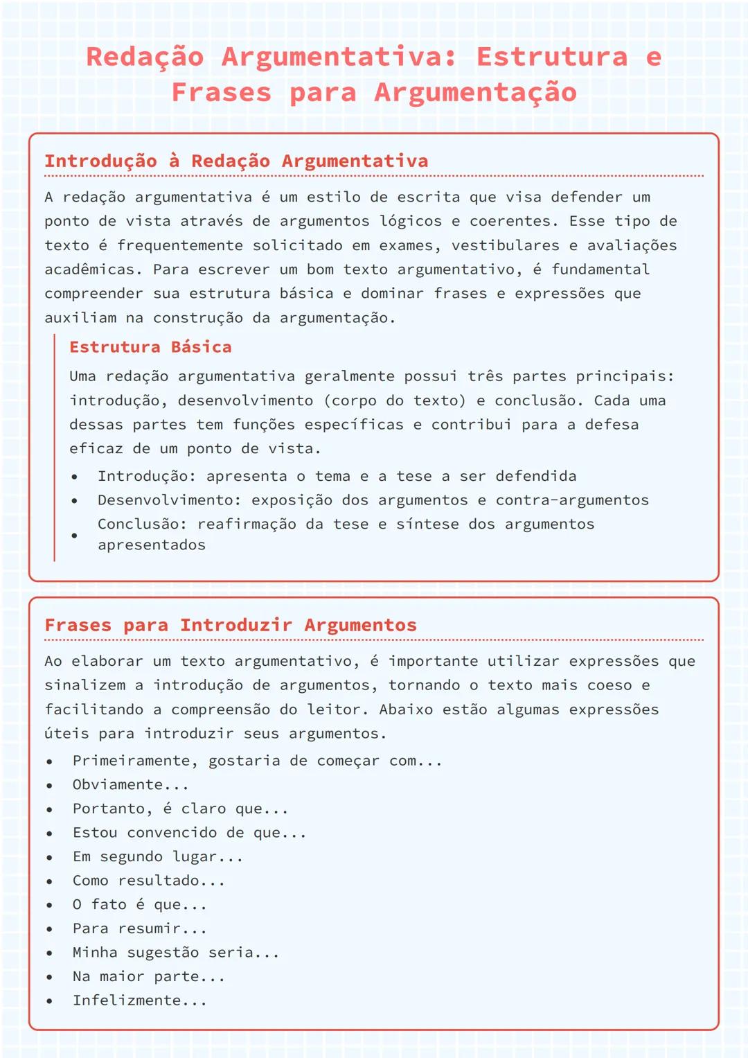 # Redação Argumentativa: Estrutura e
Frases para Argumentação

# Introdução à Redação Argumentativa
A redação argumentativa é um estilo de e