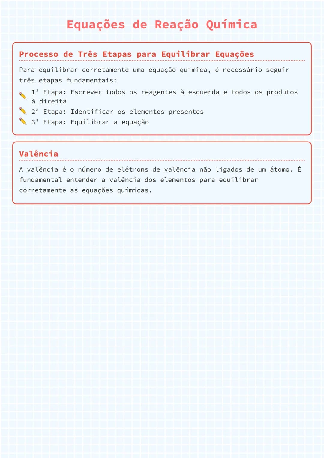# Equações de Reação Química

# Processo de Três Etapas para Equilibrar Equações
Para equilibrar corretamente uma equação química, é necessá