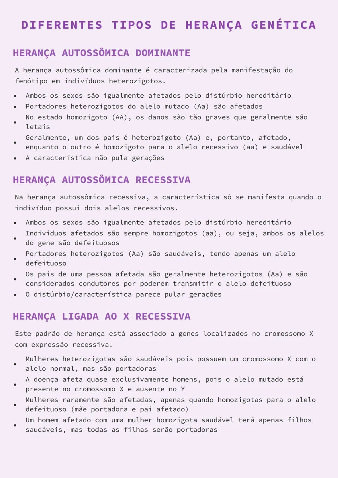 --- OCR Start ---
DIFERENTES TIPOS DE HERANÇA GENÉTICA
HERANÇA AUTOSSÔMICA DOMINANTE
A herança autossômica dominante é caracterizada pela ma