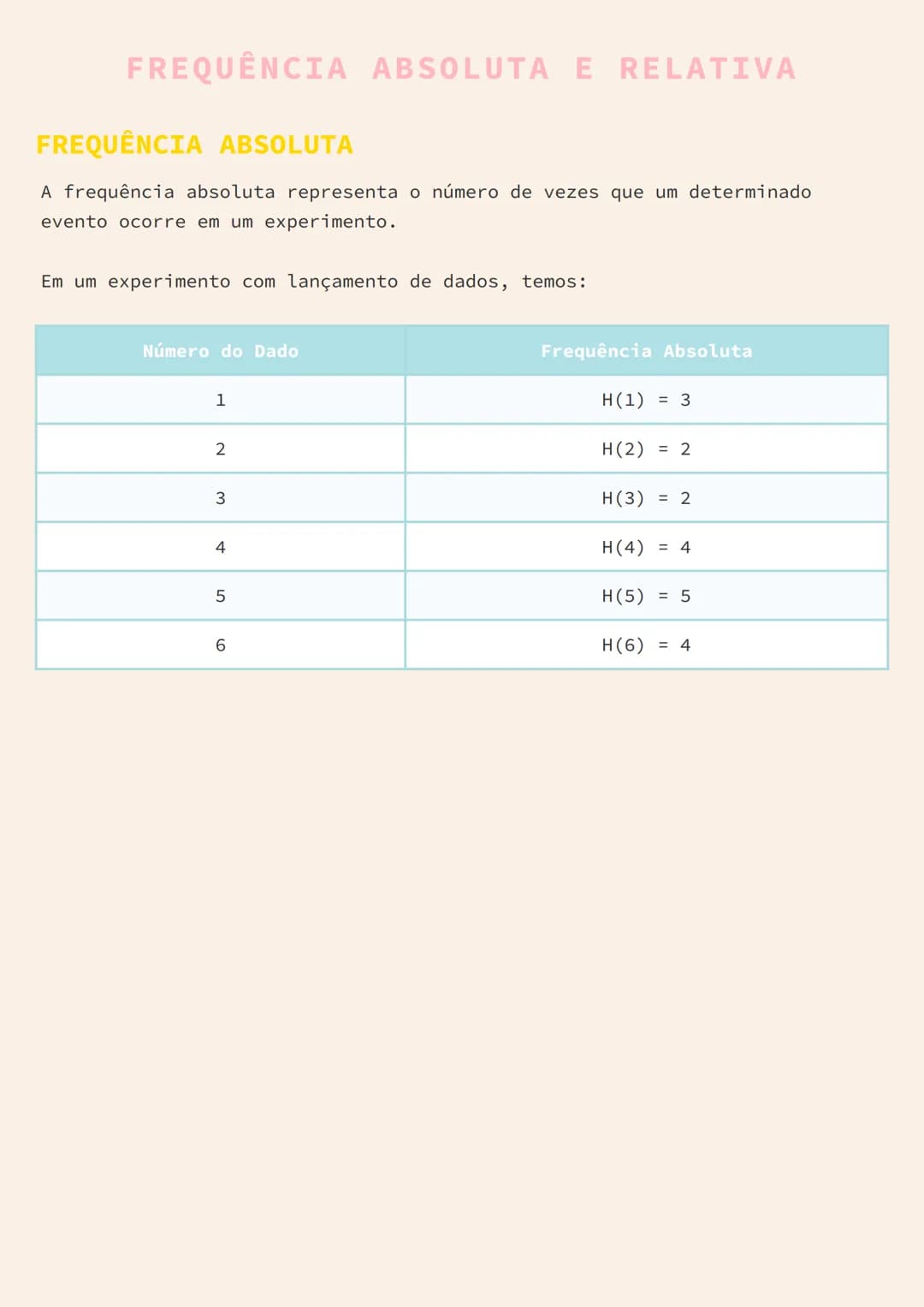 --- OCR Start ---
FREQUÊNCIA ABSOLUTA E RELATIVA
FREQUÊNCIA ABSOLUTA
A frequência absoluta representa o número de vezes que um determinado
e