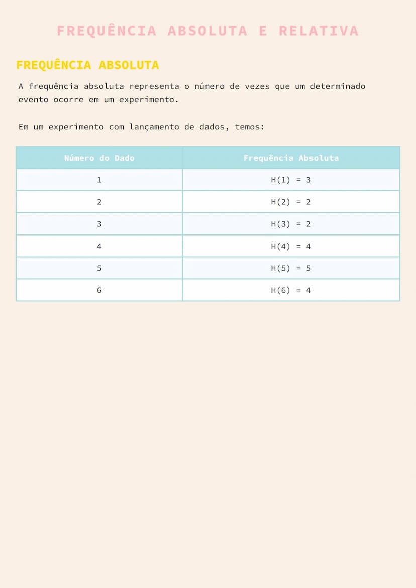 --- OCR Start ---
FREQUÊNCIA ABSOLUTA E RELATIVA
FREQUÊNCIA ABSOLUTA
A frequência absoluta representa o número de vezes que um determinado
e