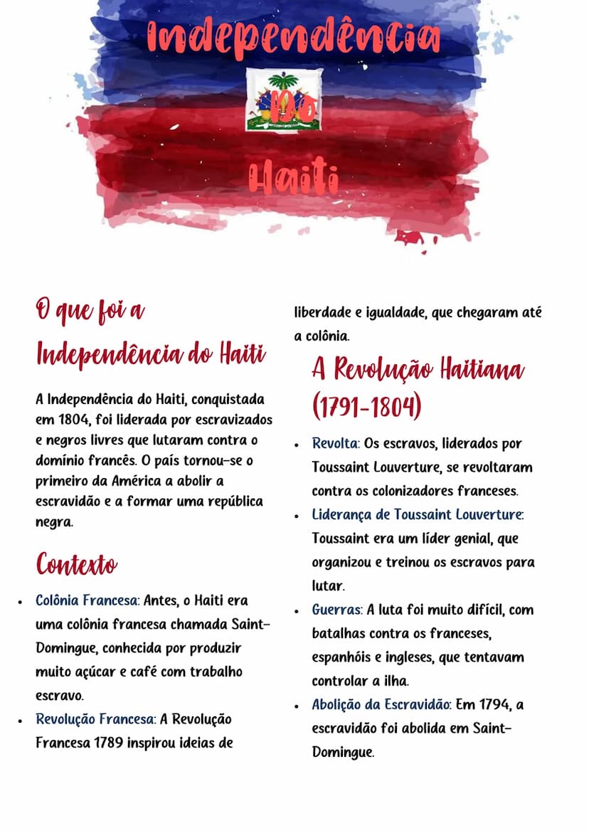 Independência
Haiti
O que foi a
Independência do Haiti
A Independência do Haiti, conquistada
em 1804, foi liderada por escravizados
e negros