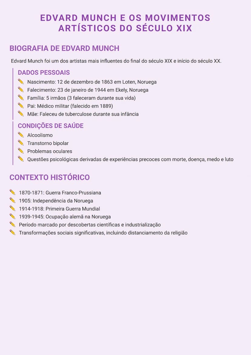 # EDVARD MUNCH E OS MOVIMENTOS
ARTÍSTICOS DO SÉCULO XIX

# BIOGRAFIA DE EDVARD MUNCH
Edvard Munch foi um dos artistas mais influentes do fin