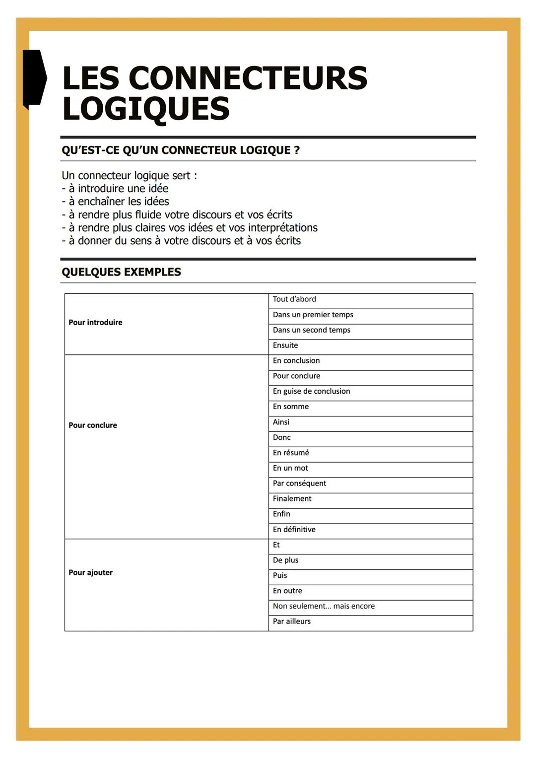 # LES CONNECTEURS
# LOGIQUES

QU'EST-CE QU'UN CONNECTEUR LOGIQUE ?

Un connecteur logique sert :
- à introduire une idée
- à enchaîner les i