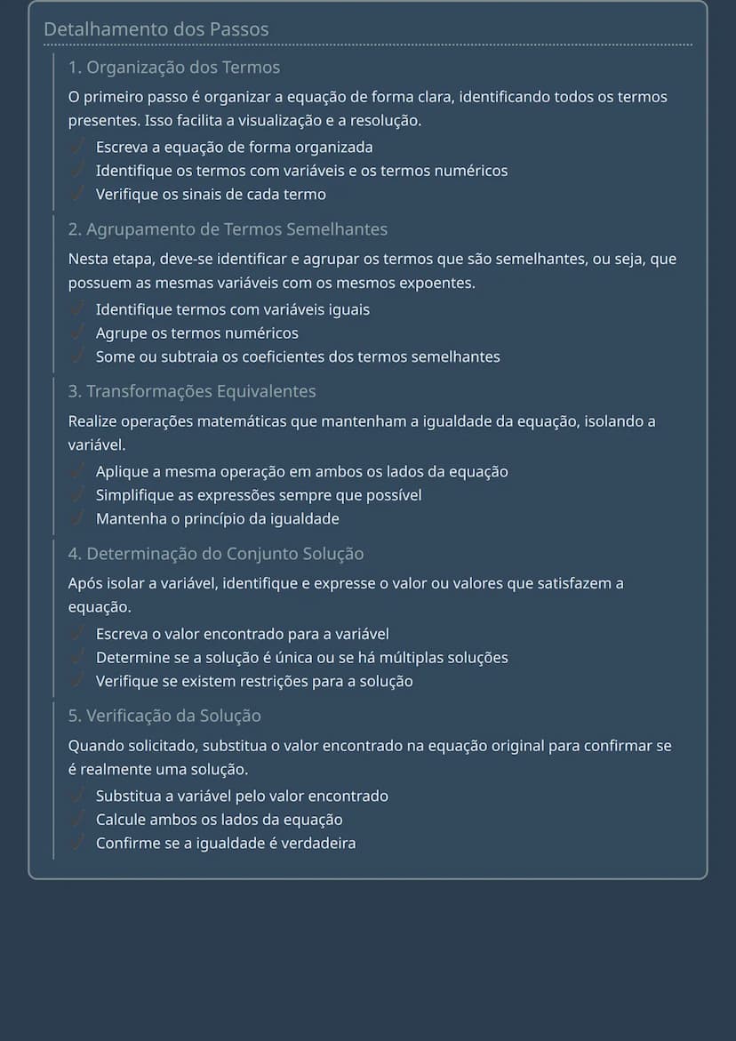 # Equações - Procedimento de Resolução

# Procedimento para Resolver Equações

Para resolver equações de maneira eficaz e organizada, é nece