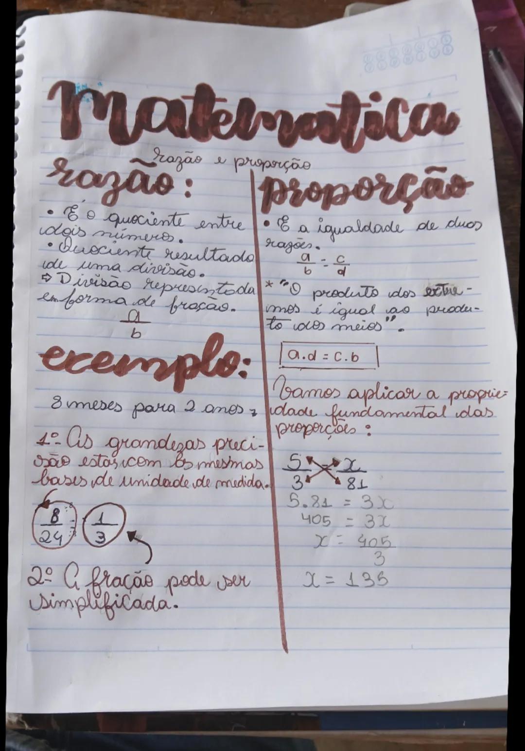 Matematica
razão e proporção
razão:
Proporção
• É o quociente entre • É a igualdade de duas
dois números.
razões.
• Quociente resultado
$
\f